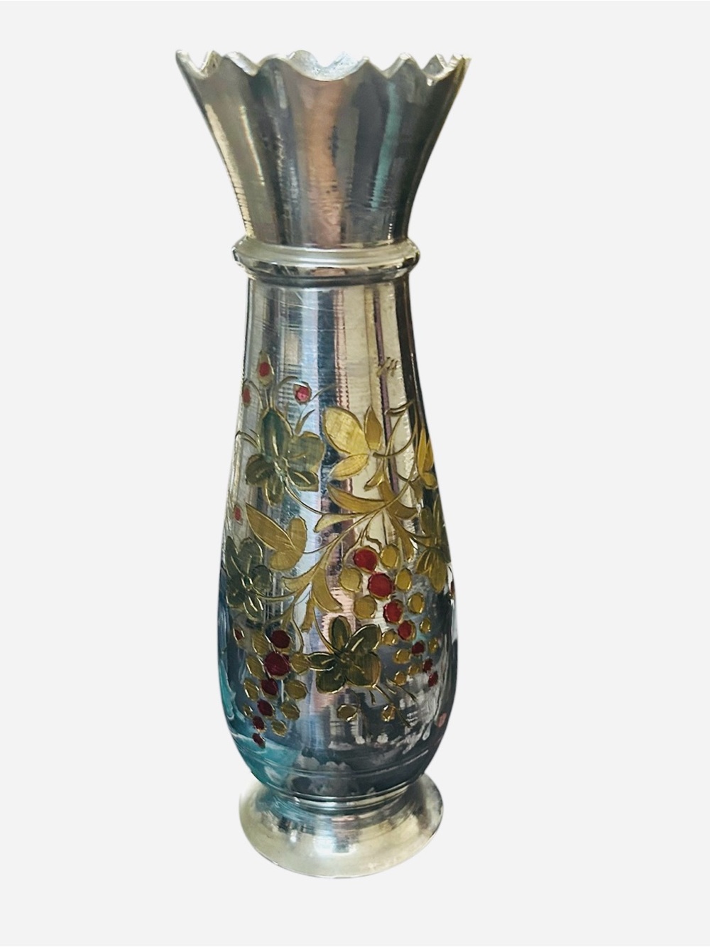 vintage middle eastern silver-toned metal vase 7”